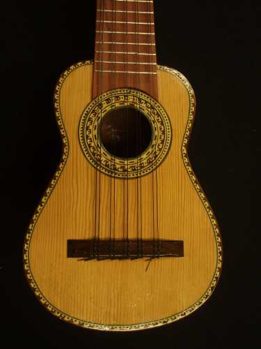 A close up of the charango top.