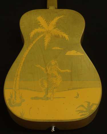 'Hula Girl' artwork on the back of the Dobro.