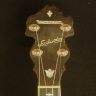 Here is a close up of the Kingston Ludwig tenor banjo headstock with mother of pearl engraved and inlayed in ebony.